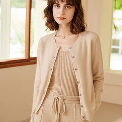 100% Cashmere Crewneck Button-Up Knit Cardigan Sweater