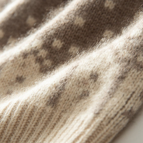 Fair Isle Cashmere Beanie with Fur Pom Pom Soft Keep Warm Knitted Cap