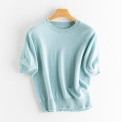 100% Cashmere Half Sleeve Crewneck Pullover Thin Sweater