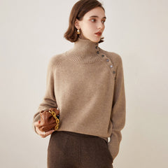 Asymmetric Button Detail Knit 100% Cashmere Turtleneck Sweater