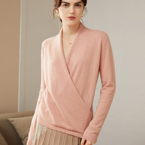 V-Neck Knit Top Wrap-Front Crossover Collar Pullover Pure Cashmere Sweater
