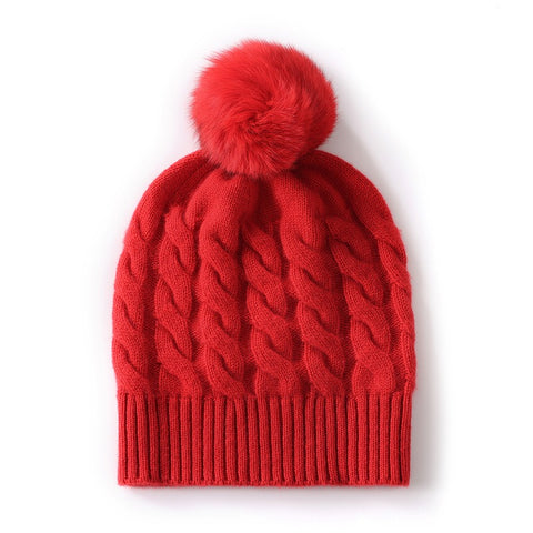 100% Cashmere Beanie Fur Pom  Pom Cable Knit Beanie Hat