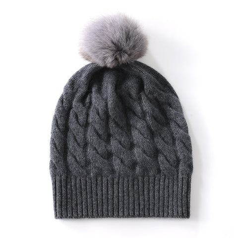 100% Cashmere Beanie Fur Pom  Pom Cable Knit Beanie Hat