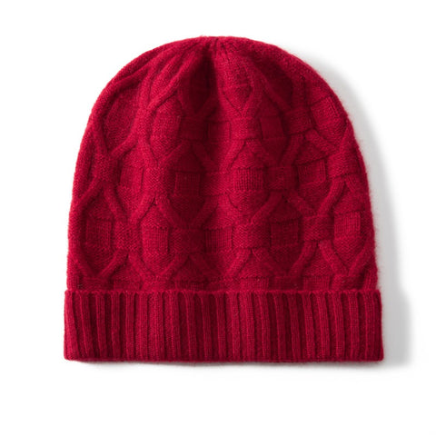 Pure Cashmere Geometric Knit Pattern with Ribbed Hem Beanie