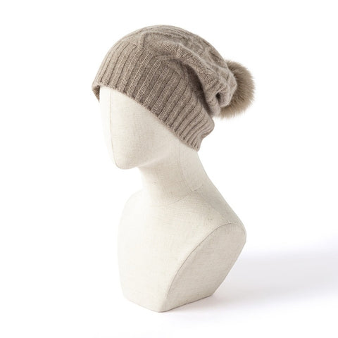 Women’s Pure Cashmere Winter Cable Knit Beanie Hats With Fur Pom Pom Ski Cap