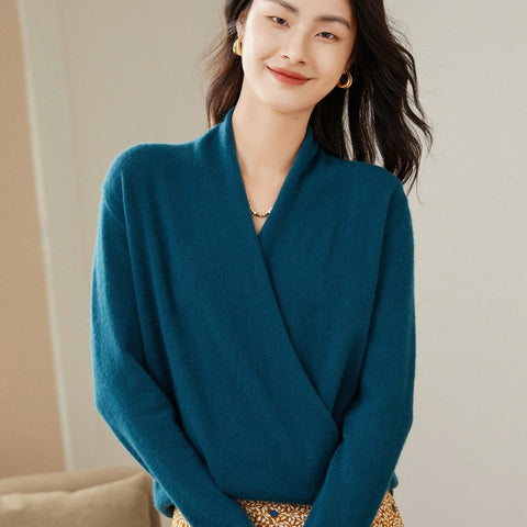 Soft V-Neck Pullover Knitted Pullover Cashmere Wrap Sweater with Draped Front