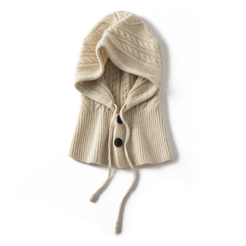 Warm Windproof Cashmere Hooded Hat Ribbed Knit Drawstring Beanie Cap