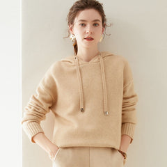 Women's Cashmere Wool Blend Ribbed Cuffs Pullover Sweater Hoodie