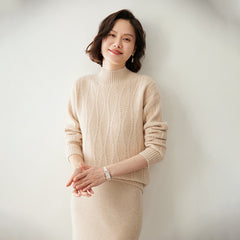 Cashmere Cable Knit Mock Neck Pullover Sweater with Ribbed Trim