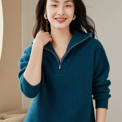 Ribbed Pullover Collar Half-Zip Turtleneck Cashmere Sweater