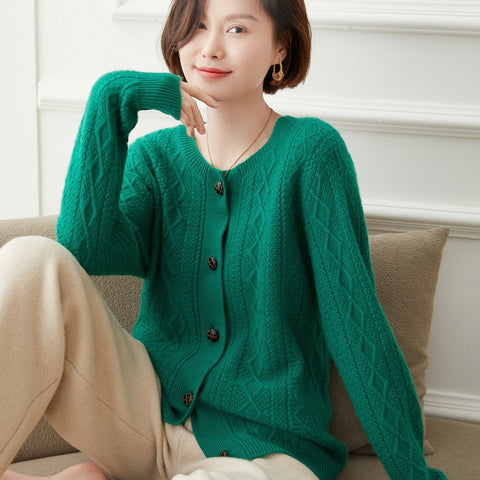 Women's Crew Neck Button Down Twisted Cashmere Cable Knit Cardigan Sweater Jacket