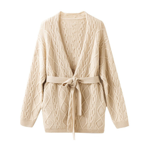 V-Neck Open Front Cashmere Belted Cable Knit Wrap Tie Waist Cardigan