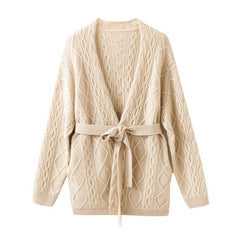 Open Front Cashmere Belted Cable Knit Wrap Tie Waist Cardigan