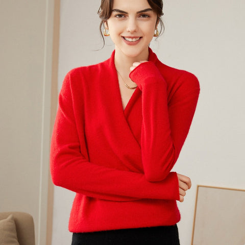 V-Neck Knit Top Wrap-Front Crossover Collar Pullover Pure Cashmere Sweater