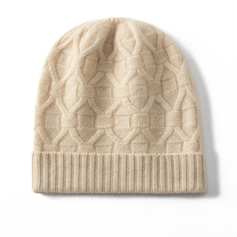 Pure Cashmere Geometric Knit Pattern with Ribbed Hem Beanie