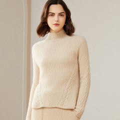 Ribbed 100% Cashmere Mock Neck High Neck Pullover Loose Sweater