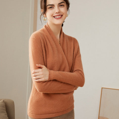 V-Neck Knit Top Wrap-Front Crossover Collar Pullover Pure Cashmere Sweater