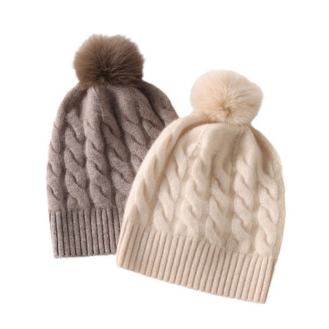 100% Cashmere Beanie Fur Pom  Pom Cable Knit Beanie Hat