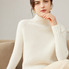 Ribbed 100% Cashmere Mock Neck High Neck Pullover Loose Sweater