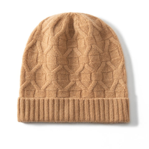 Pure Cashmere Geometric Knit Pattern with Ribbed Hem Beanie