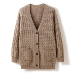 V-Neck Loose Coat 100% Cashmere Cable Knit Cardigan with Button