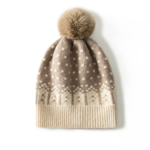 Fair Isle Cashmere Beanie with Fur Pom Pom Soft Keep Warm Knitted Cap
