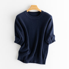 100% Cashmere Half Sleeve Crewneck Pullover Thin Sweater