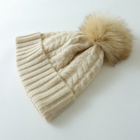 100% Cashmere Stretchy Cable Knit Beanie with Real Fur Pom Ski Hat