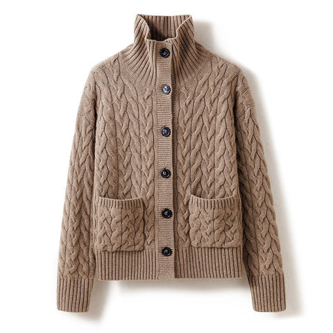 Women's Chunky Cable Knit Cashmere Cardigan Button-Up High Neck Sweater