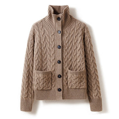 Chunky Cable Knit Cashmere Cardigan Button-Up High Neck Sweater