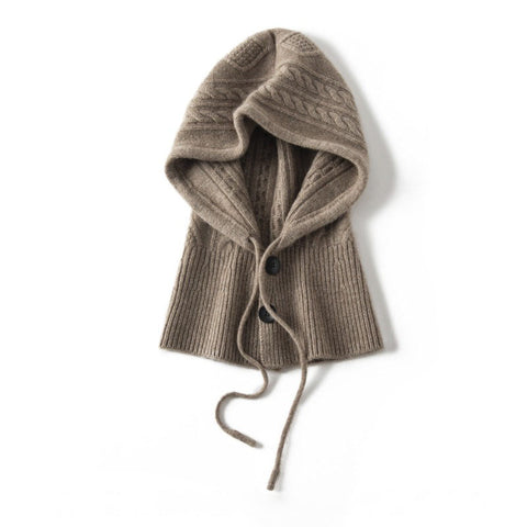 Warm Windproof Cashmere Hooded Hat Ribbed Knit Drawstring Beanie Cap
