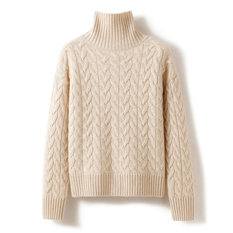 Women's Chunky Cable Knit Cashmere Cardigan Button-Up High Neck Sweater