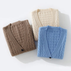 V-Neck Loose Coat 100% Cashmere Cable Knit Cardigan with Button