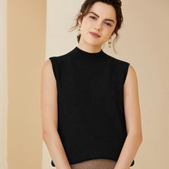 Sleeveless Cashmere Mock Neck Knit Wool Vest Soft Pullover Tank
