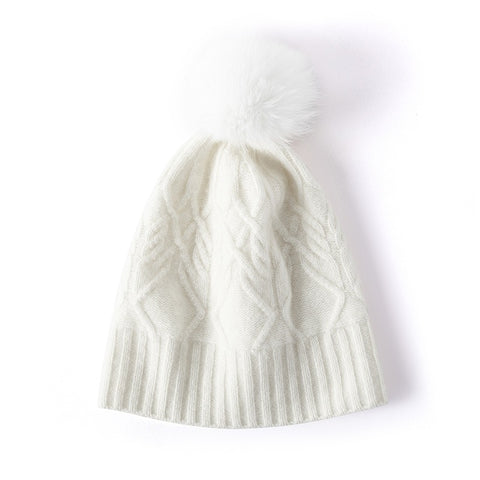 Women’s Pure Cashmere Winter Cable Knit Beanie Hats With Fur Pom Pom Ski Cap