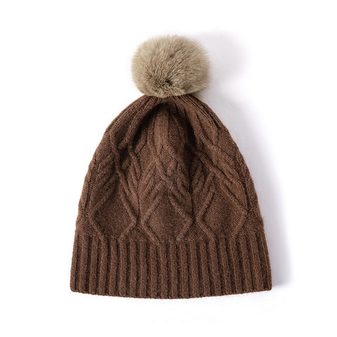 Women’s Pure Cashmere Winter Cable Knit Beanie Hats With Fur Pom Pom Ski Cap