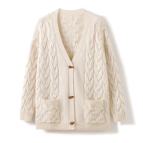 Women's 100% Cashmere Cable Knit Cardigan V-Neck Button Front Loose Knitwear