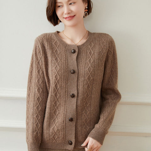 Women's Crew Neck Button Down Twisted Cashmere Cable Knit Cardigan Sweater Jacket