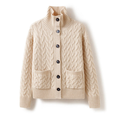 Women's Chunky Cable Knit Cashmere Cardigan Button-Up High Neck Sweater