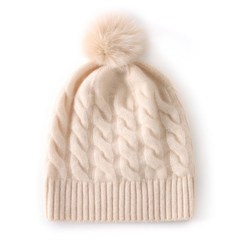 100% Cashmere Beanie Fur Pom  Pom Cable Knit Beanie Hat