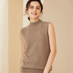 Sleeveless Cashmere Mock Neck Knit Wool Vest Soft Pullover Tank