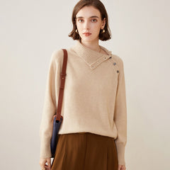 Asymmetric Button Detail Knit 100% Cashmere Turtleneck Sweater