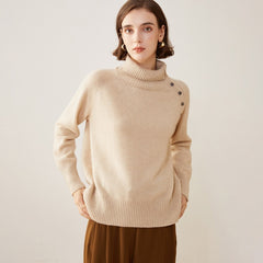 Asymmetric Button Detail Knit 100% Cashmere Turtleneck Sweater