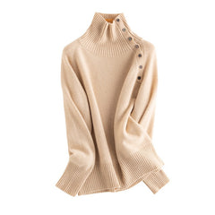 Asymmetric Button Detail Knit 100% Cashmere Turtleneck Sweater