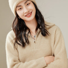 Ribbed Pullover Collar Half-Zip Turtleneck Cashmere Sweater