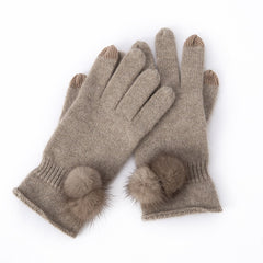 100% Cashmere Touchscreen Mittens Fur Gloves with Pom Pom