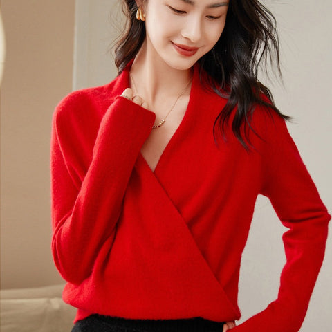 Soft V-Neck Pullover Knitted Pullover Cashmere Wrap Sweater with Draped Front