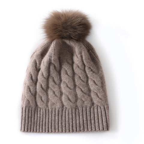 100% Cashmere Beanie Fur Pom  Pom Cable Knit Beanie Hat