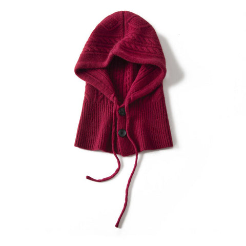 Warm Windproof Cashmere Hooded Hat Ribbed Knit Drawstring Beanie Cap