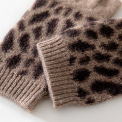 100% Cashmere Knit Half Finger Leopard Print Fingerless Gloves
